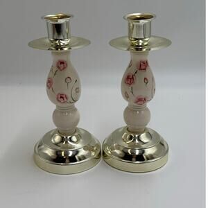 Home Interiors Porcelain & Metal rose Floral Candle Holders USA 7.5" Set